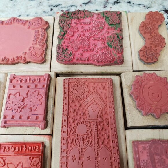 A Stamp In The Hand Co Wood Backed Rubber Stamp Lot Hearts Flowers Coffee Sun - Picture 8 of 10